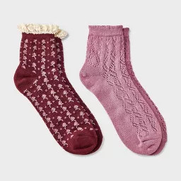 Women's Floral Lace and Pointelle 2pk Ankle Socks - Auden™ Berry/Pink 4-10 | Target