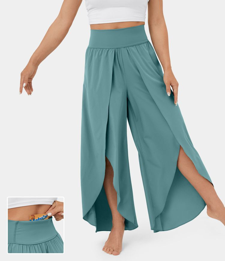 Breezeful™ High Waisted Back Waistband Pocket Palazzo Flowy Split Wide Leg Quick Dry Casual Pan... | HALARA