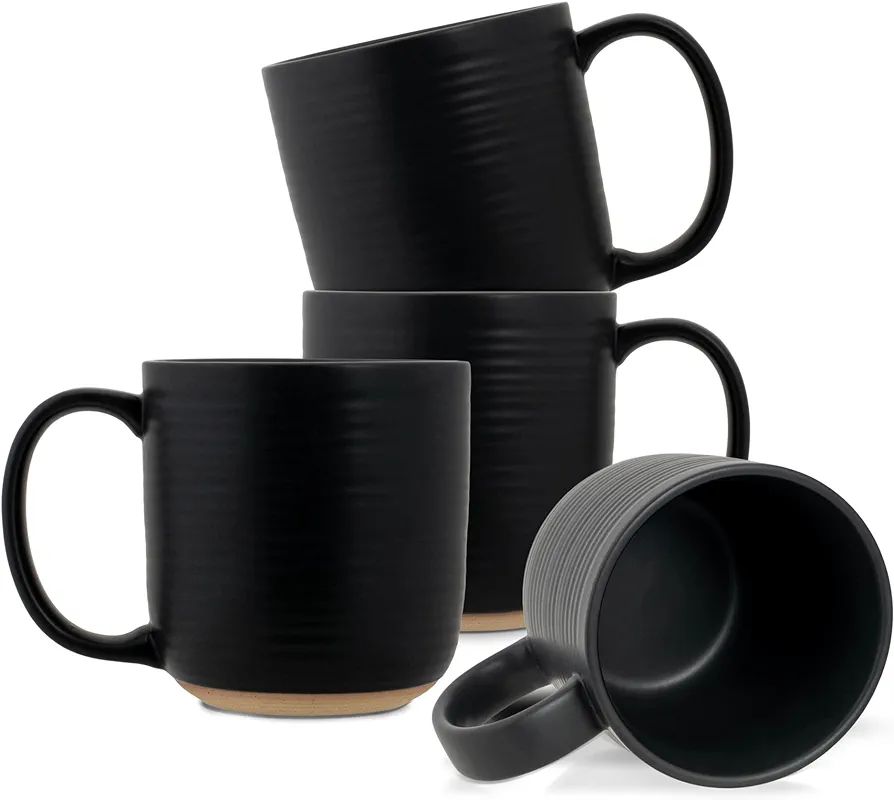 Elanze Designs Ribbed Ceramic Stoneware 16 ounce Raw Clay Bottom Coffee Mugs Set of 4, Black | Amazon (US)