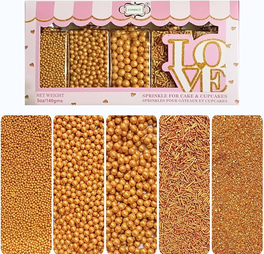Confect Gold Sprinkles – Assorted 5-Pack for Cake & Cupcake Decoration, Golden Dragees, Jimmies... | Amazon (US)