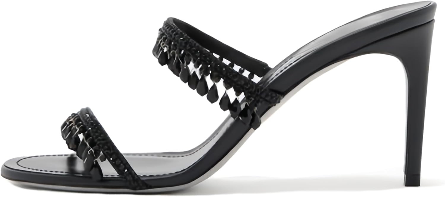 Women's Slip-On Heeled Sandals with Tassel Rhinestones Round Open Toe 3.1-Inch Stiletto Heels Sexy Sparkly Party Prom Heel Shoes | Amazon (US)