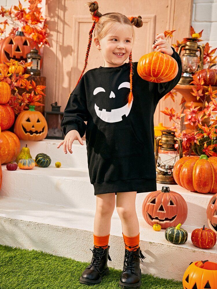 SHEIN Toddler Girls Halloween Print Drop Shoulder Sweatshirt Dress | SHEIN