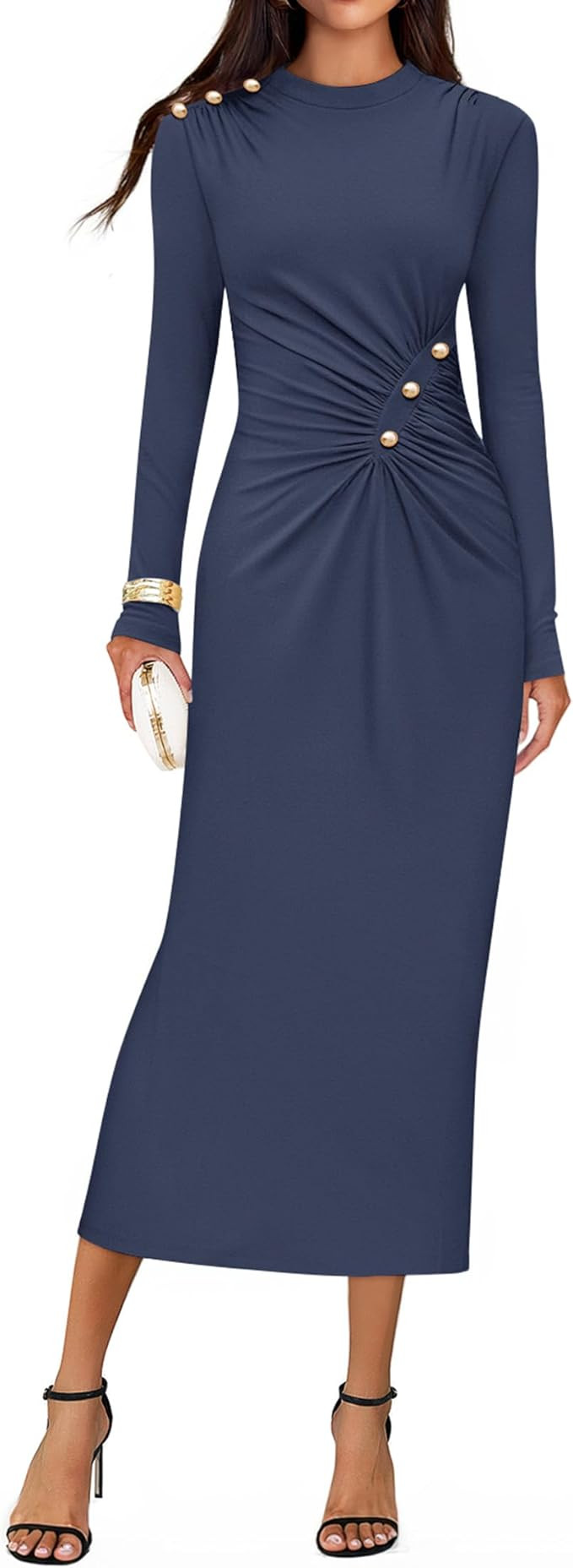 ZESICA Womens 2026 Fall Long Sleeve Mock Neck Bodycon Midi Dress Ruched Knit Elegant Party Cockta... | Amazon (US)