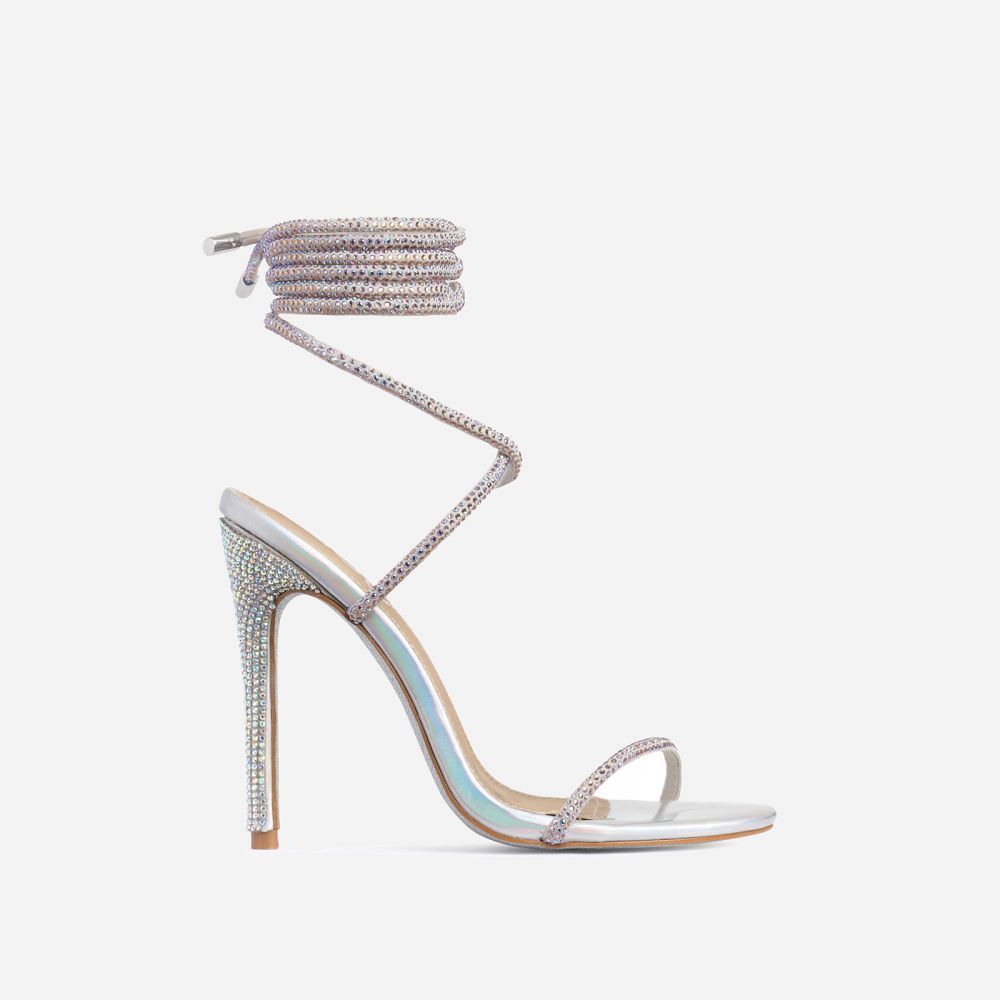 Carmella Glitter Sole Diamante Detail Lace Up Heel In Silver Holographic Faux Leather | EGO Shoes (US & Canada)