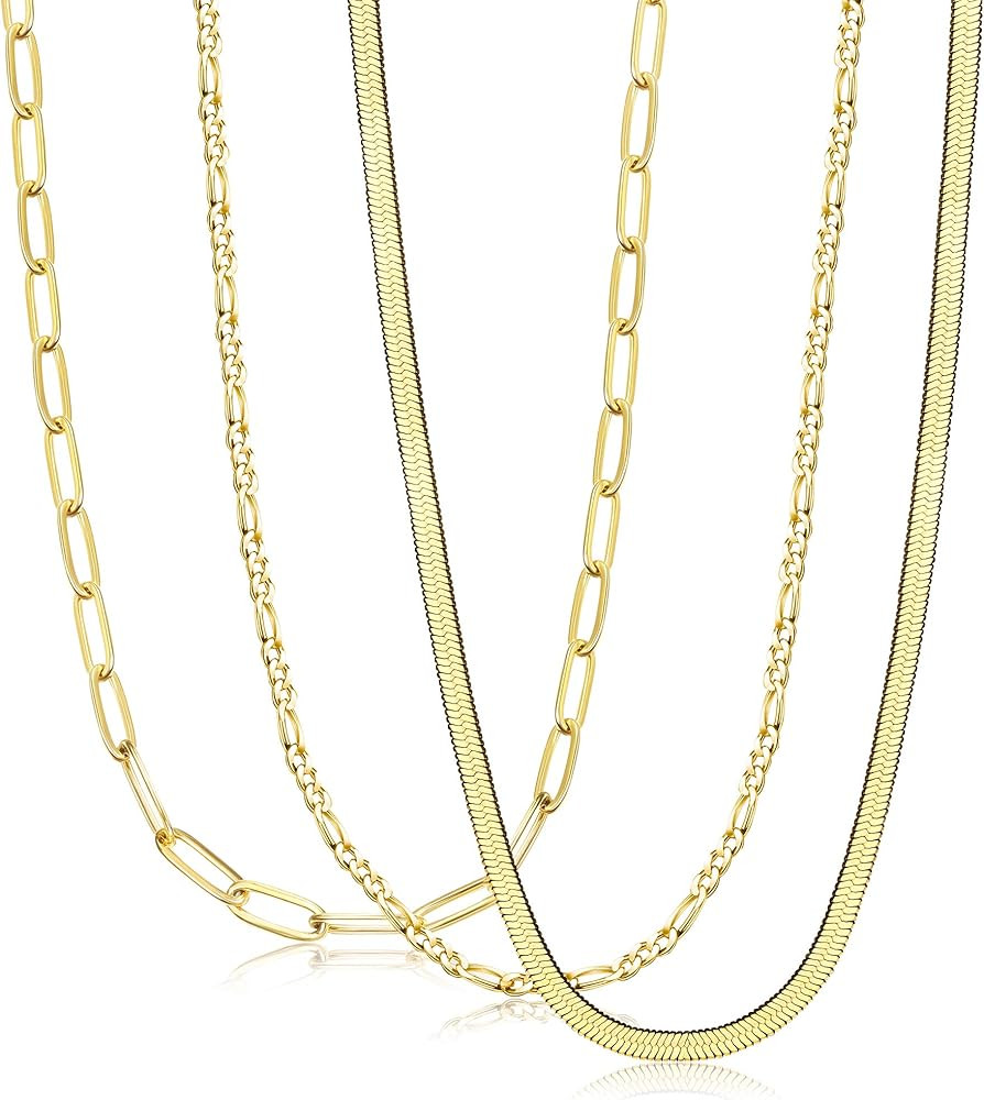 Florideco 3 Pcs Gold Plated Figaro Chain Necklace Stainless Steel Paperclip Link Chain Necklace f... | Amazon (US)