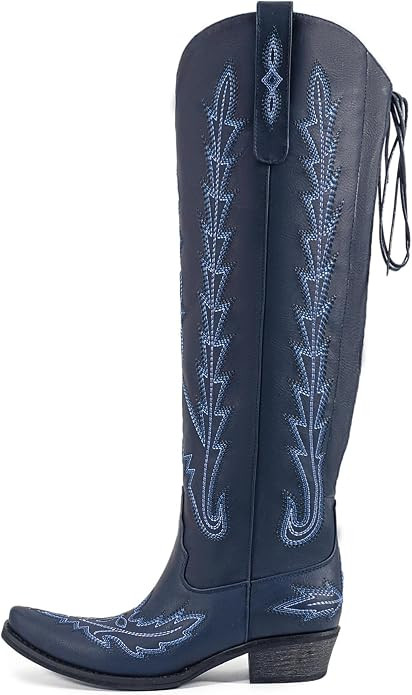 Atuelang Western Cowboy Boots for Women Knee High Wide Calf Lace Up Embroidered Cowgirl Boots | Amazon (US)