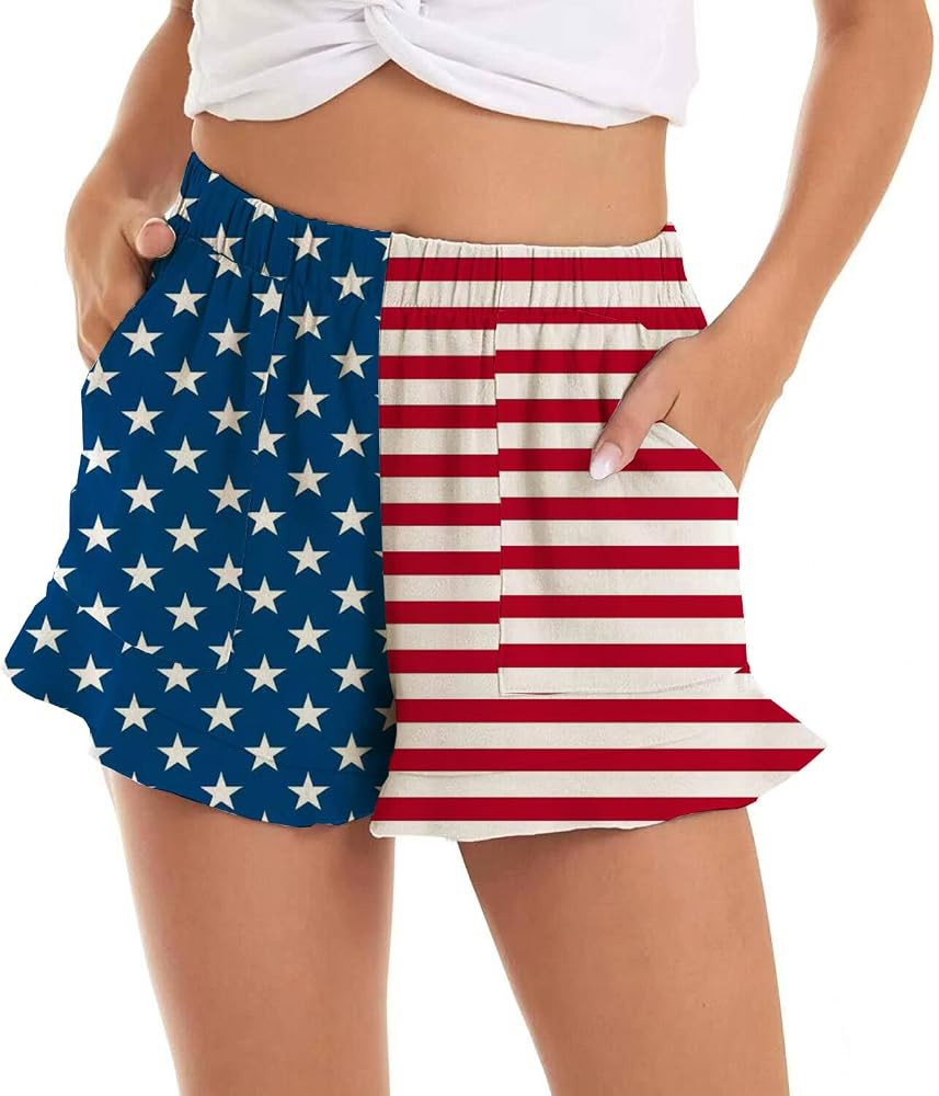 4th of July Women's Summer Patriotic American Flag Red White Blue Ruffle Hem Drawstring Board Shorts | Amazon (US)