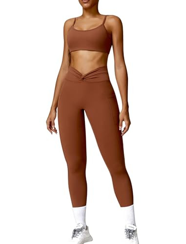 ABOCIW Womens Workout Sets 2 Piece Yoga Outfits Twist Back Scoop Neck Sports Bra Twist Waist High Waist Leggings with Pockets Matching Gym Sets Twist Brown Small | Amazon (US)