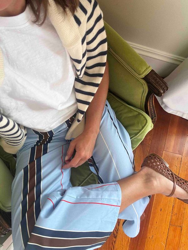 A little coastal prep with a playful twist: breezy striped pants, a classic white tee, a cozy striped cardigan, and woven sandals. Easy, effortless, and just polished enough for wherever the day takes you. This is the kind of outfit that makes getting dressed feel like a vacation. ☀️🤍🌿

#CoastalStyle #StripedPants #WhiteTeeOutfit #StripedCardigan #SummerOutfit #CasualChicStyle #WovenSandals #EffortlessStyle #ClassicStyle 

 #LTKootd