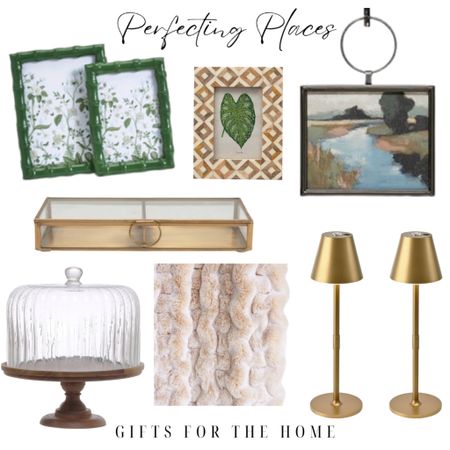 Gifts for the home for those who love to decorate. Gift guide with home, decor, green bamboo, photo frames, wood, photo frame with inlay pattern, landscape, art, brass and glass trinket box, dome cake stand, Anthropologie faux fur throw, set of gold battery powered lamps

#LTKhome #LTKHoliday #LTKGiftGuide