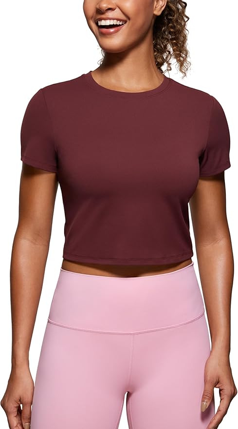 CRZ YOGA Butterluxe Short Sleeve Shirts for Women High Neck Crop Tops Basic Fitted T-Shirt Gym Wo... | Amazon (US)