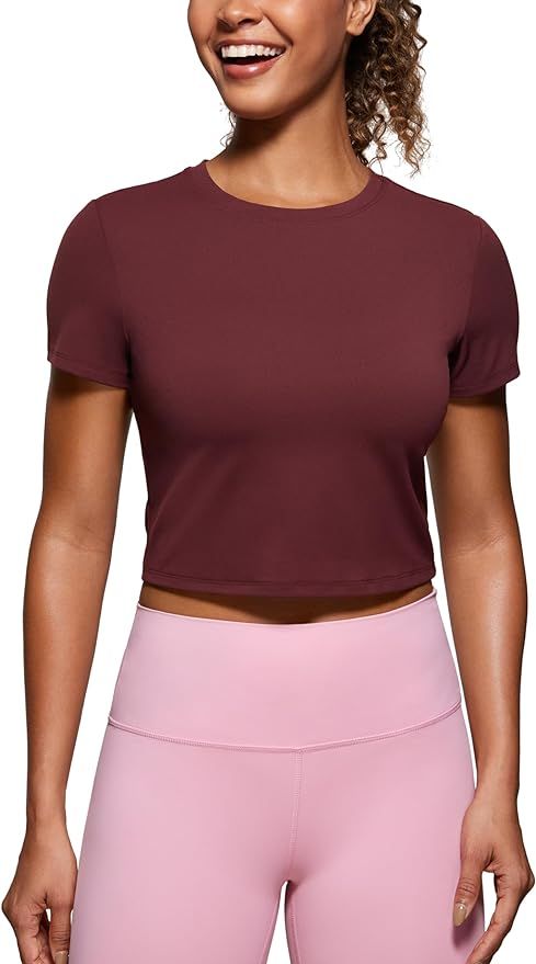 CRZ YOGA Butterluxe Short Sleeve Shirts for Women High Neck Crop Tops Basic Fitted T-Shirt Gym Wo... | Amazon (US)