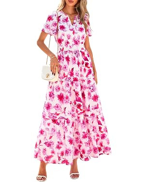 PRETTYGARDEN Women's Summer Boho Floral Maxi Dresses | Bohemian Flower,Short Sleeve V Neck,Elasti... | Amazon (US)