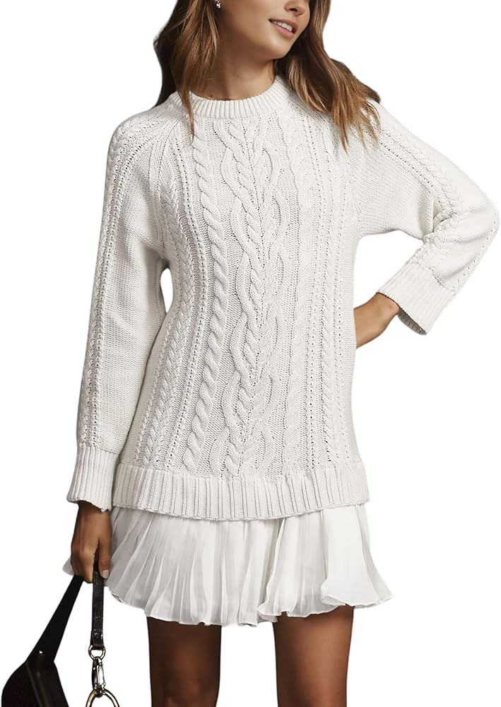 Women Cable Knit Sweater Dress Crewneck Long Sleeve Pleated Mini Dress Twofer Style Patchwork Dre... | Amazon (US)