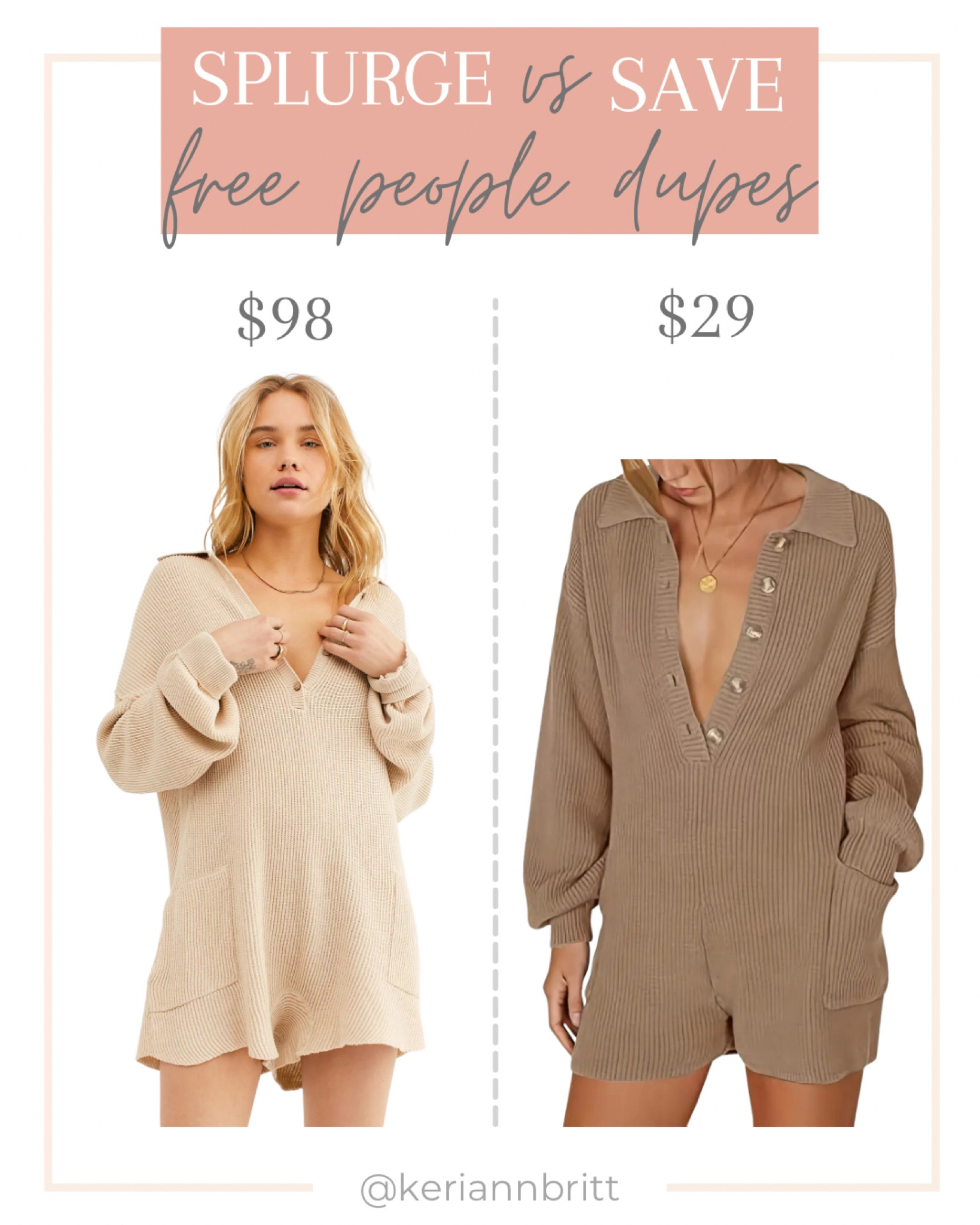Free People Sweater Romper Dupe

Knit romper / sweater / button down sweater 

#LTKfindsunder100 #LTKstyletip