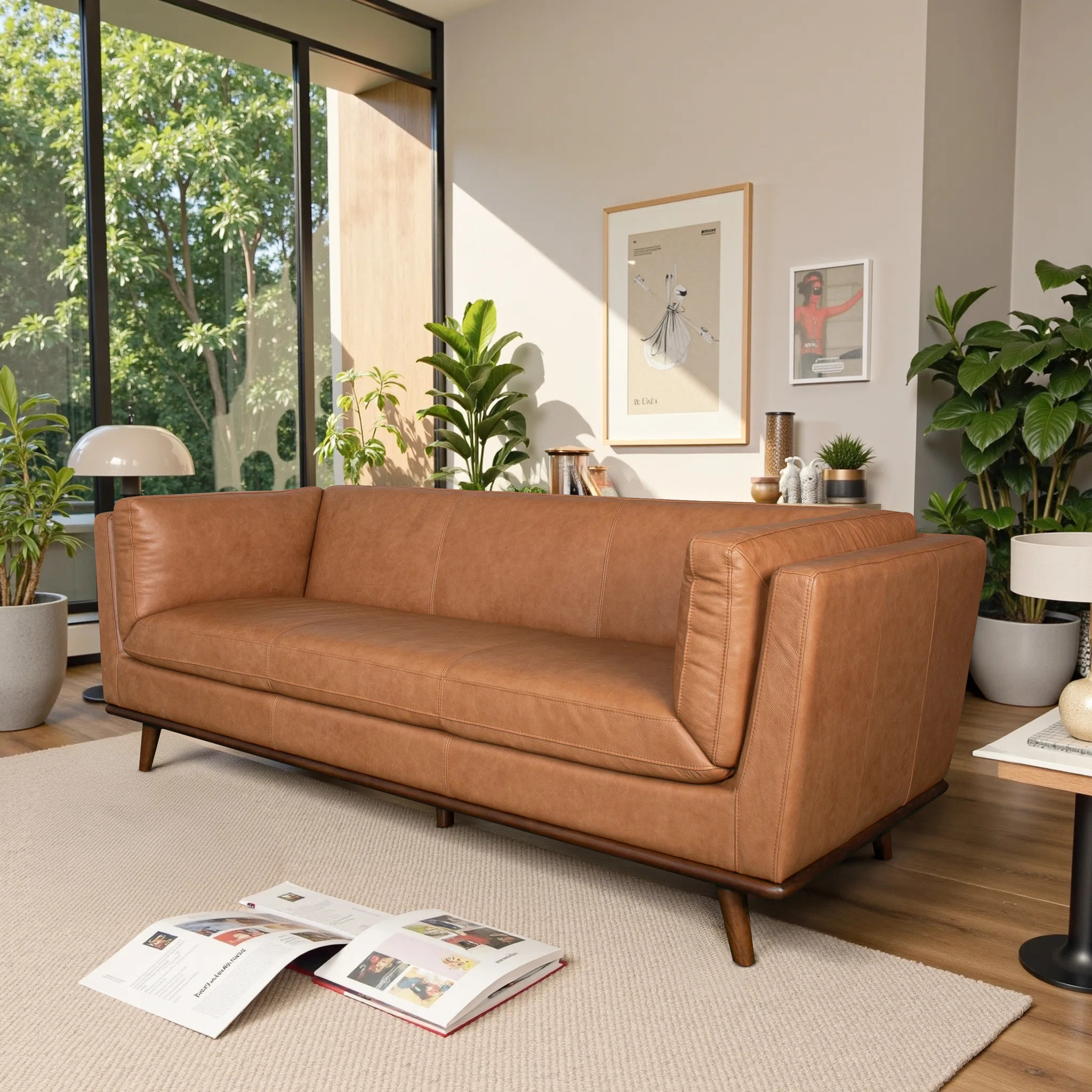 85.8" Melin Genuine Leather Sofa Mid-Century Modern Living Room Couch | Wayfair North America