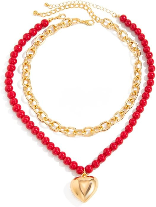 Layered Heart Necklace for Women, Red Beaded Necklace with Gold Chunky Chain Double Strand Statem... | Amazon (US)