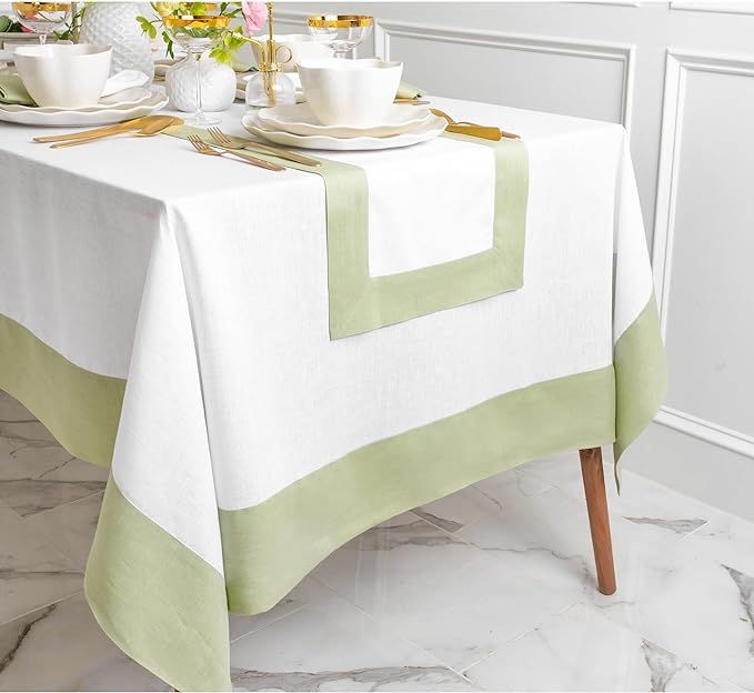 Solino Home Linen Tablecloth 60 x 90 Inch – Sage Green and White, Handcrafted from 100% Pure Eu... | Amazon (US)