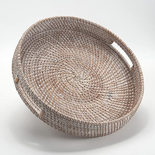 Coffee Table Tray Round Rattan Ottoman Tray Woven Serving Trays with Handles for Home and Kitchen Decorative Whitewash (Large 16.9 inch) | Amazon (US)