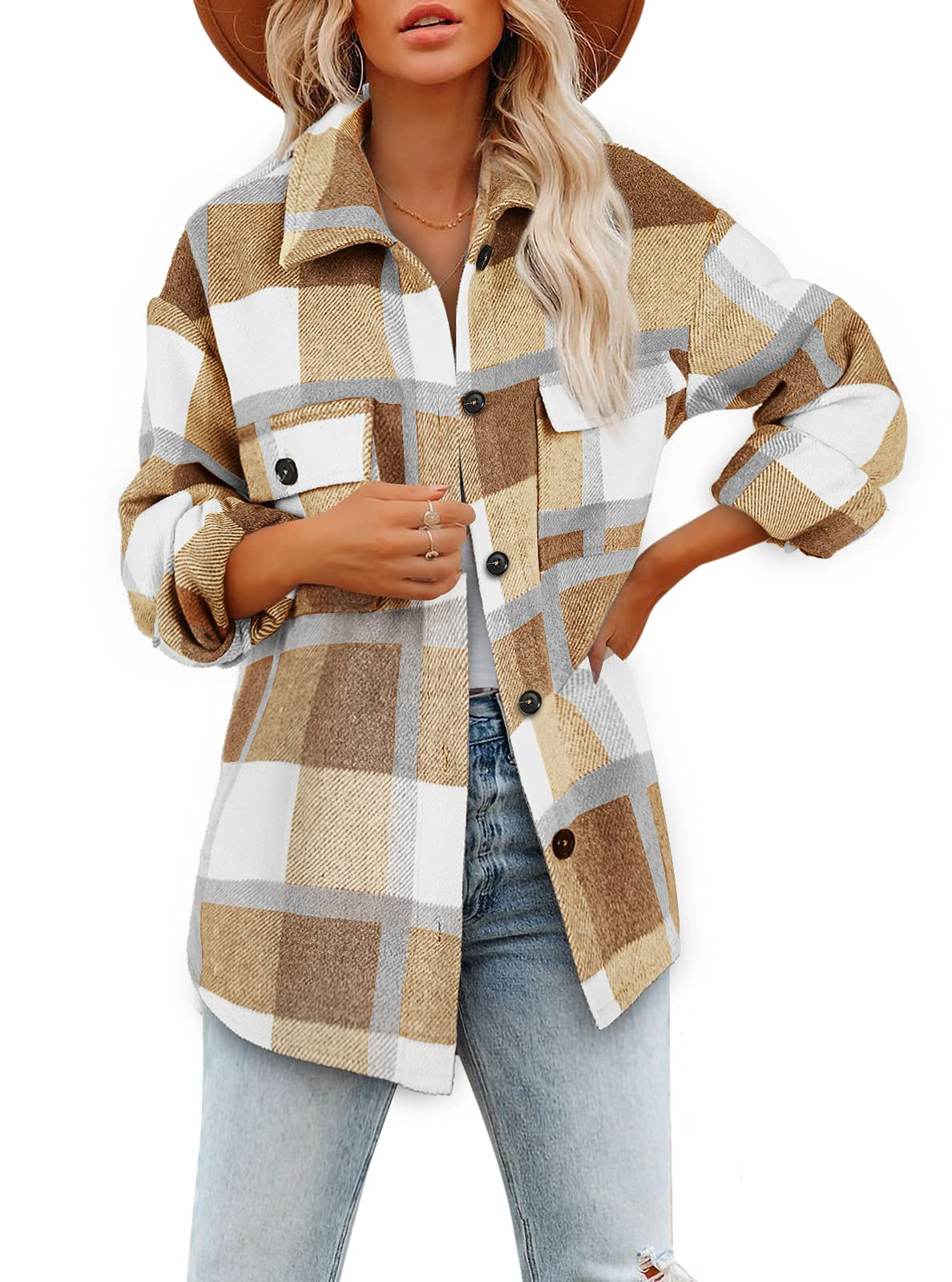 Women's Brushed Plaid Shirts Long Sleeve Flannel Lapel Button Down Pocketed Shacket Jacket Coats | Amazon (US)