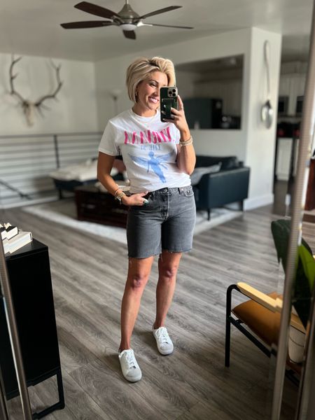 Levis 501 90’s shorts - tts - I’m in the 28. ON MAJOR SALE - 30% off + an additional 50% off at checkout . 
Graphic tee is from Target - 30% off - I’m in the medium 
Sneakers are Target and run tts


#LTKshoecrush #LTKstyletip #LTKsalealert