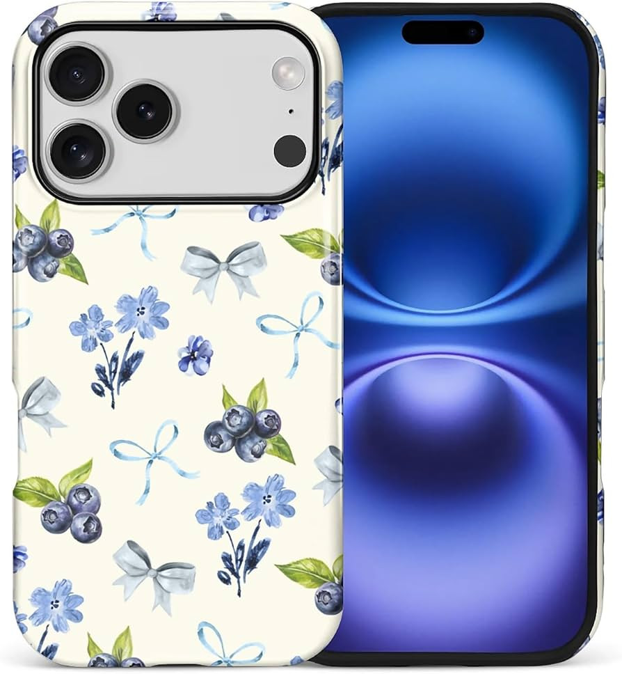 for iPhone 17 Pro Max Case, Aesthetic Blueberry Bow Tie Hybrid 2 Layer Hard Shell Silicone Protec... | Amazon (US)