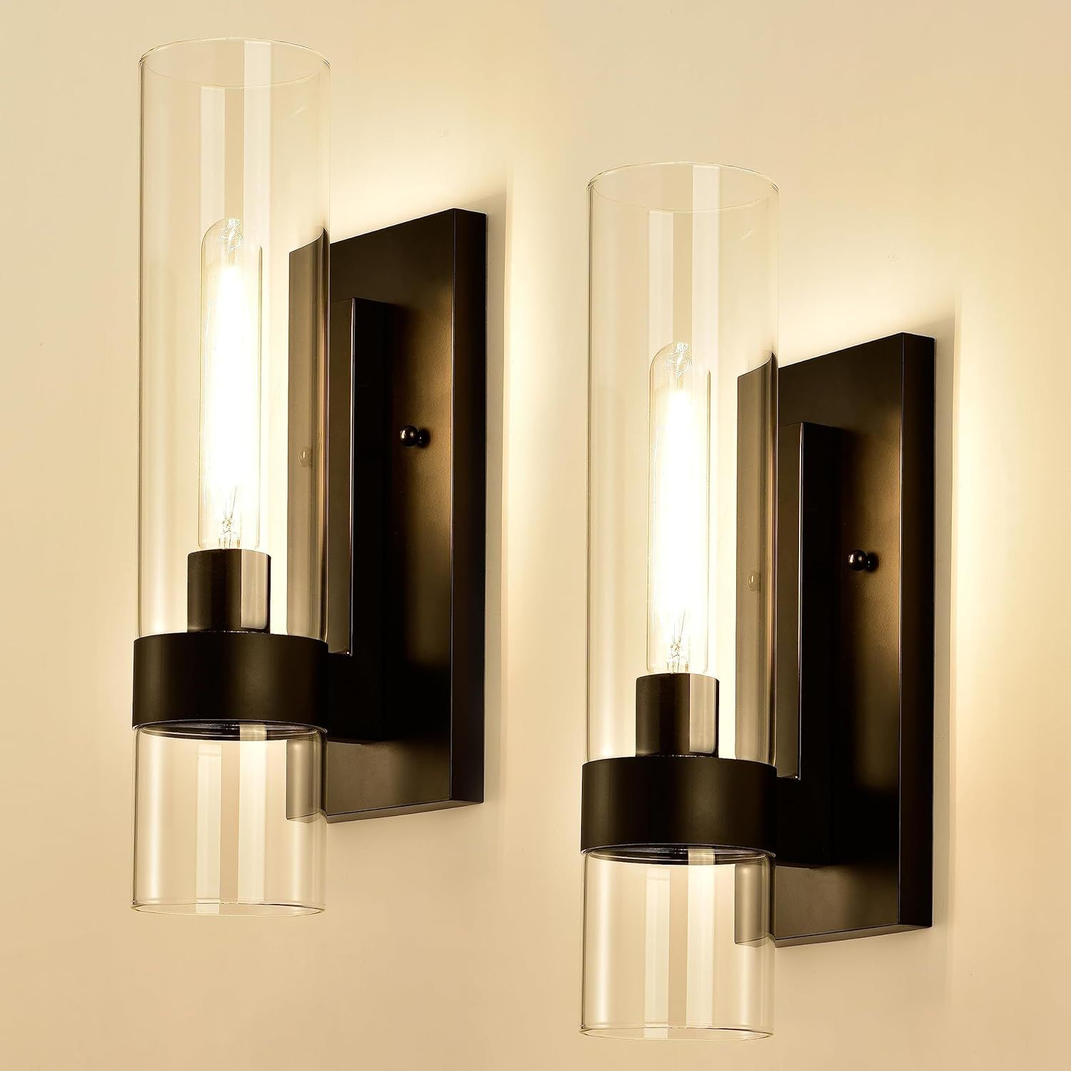 Black Indoor Wall Sconces Set of Two, Bathroom Vanity Light Fixtures Over Mirror, Glass Wall Lamp... | Amazon (US)