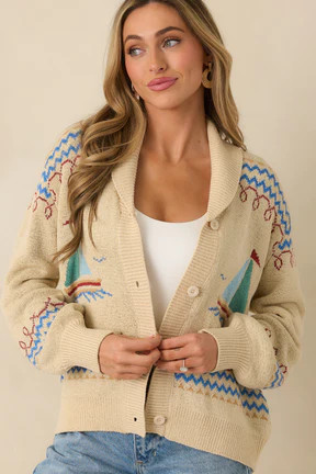 Coast Is Clear Light Beige Multi Knit Button-Up Sailboat Cardigan Sweater | Red Dress