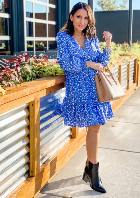 Eliza J. Fit and flare floral dress, Marc Fisher booties, and Kate Spade handbag. 
Boots are on sale and so cute! Dress runs tts  

#LTKunder100 #LTKSeasonal #LTKunder50