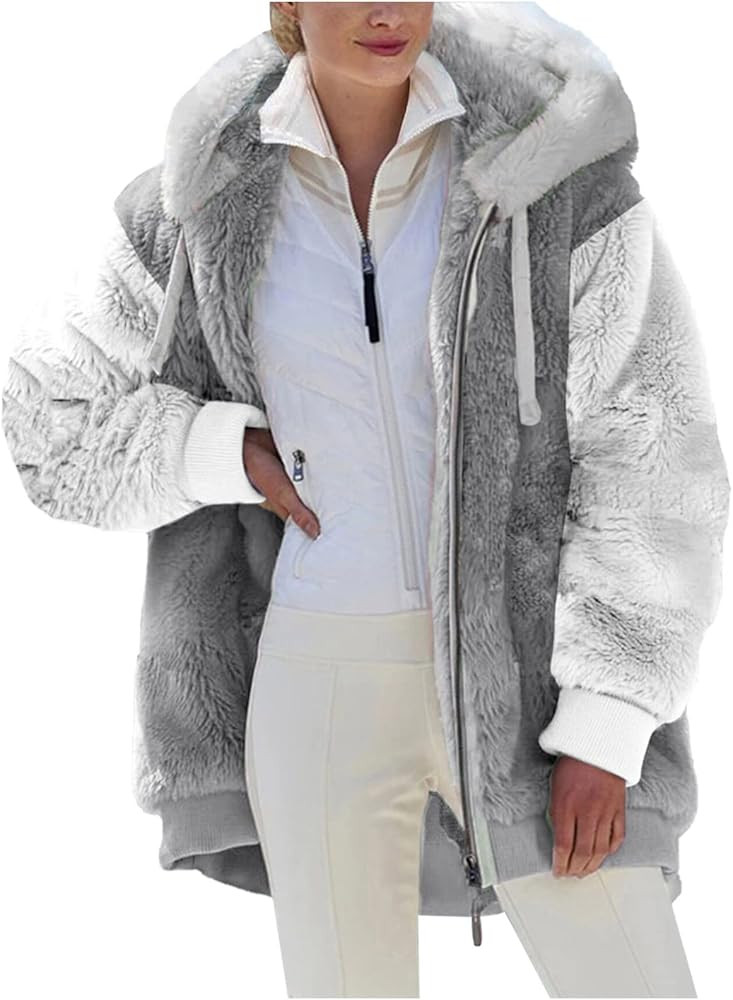 Oversized Fuzzy Fleece Jackets For Women Fashion 2023 Color Block Faux Fur Cardigan Coat Shaggy W... | Amazon (US)
