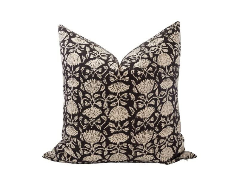 AMARI || Floral Block Print Pillow Cover Black and Tan Floral Fall Pillow Modern Farmhouse Cottag... | Amazon (US)