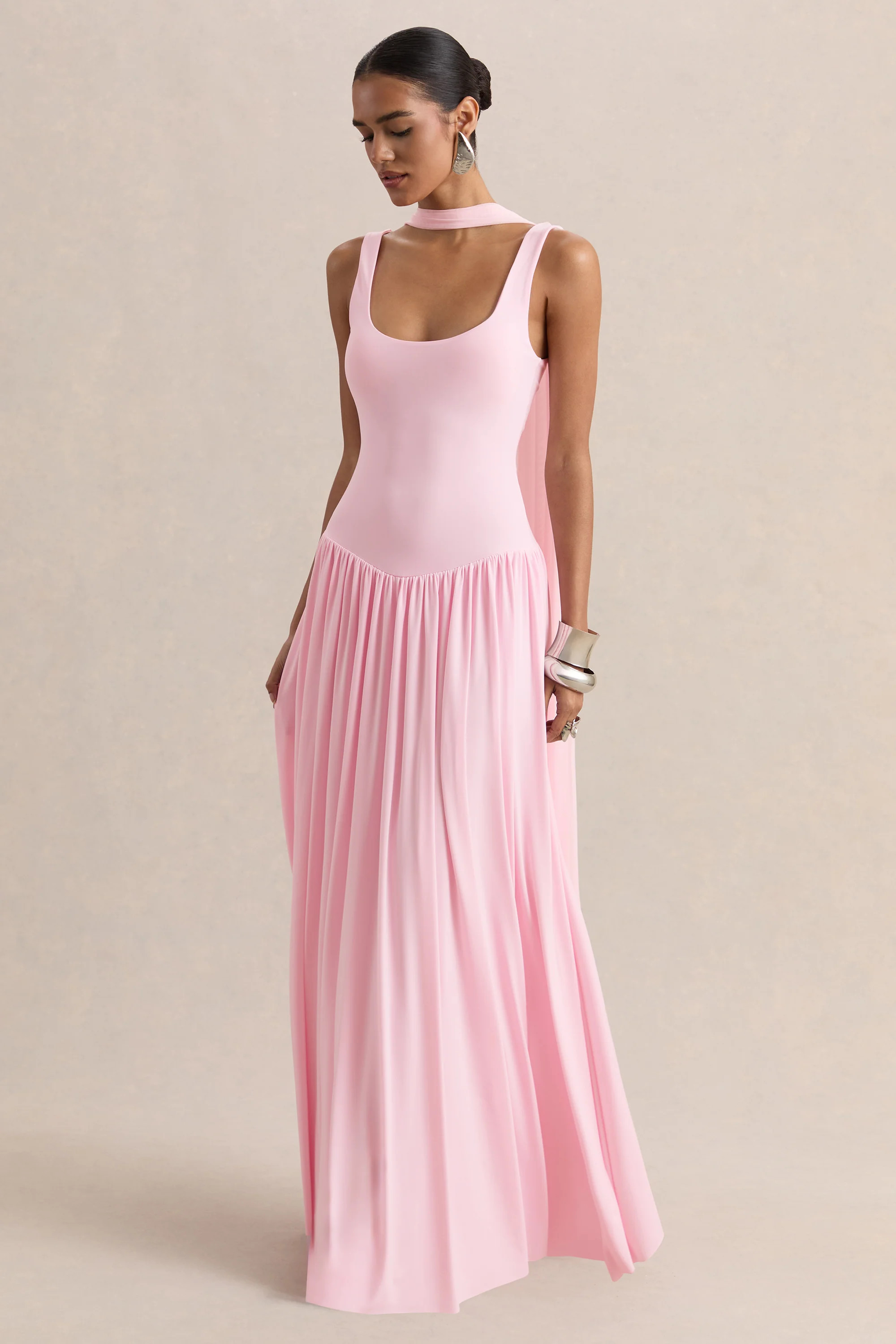 Aurina | Pink Square-Neck Maxi Dress With Cape | Club L London