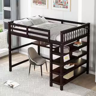 Espresso Full Size Loft Bed with Storage Shelves and Under-Bed Desk | The Home Depot