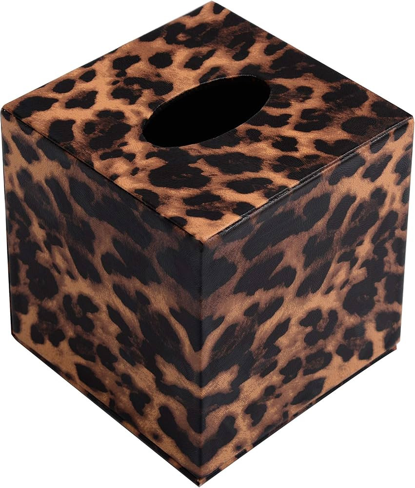 Home Decor Cube Tissue Box Holders PU Leather Square Tissue Box Cover (Leopard) | Amazon (US)
