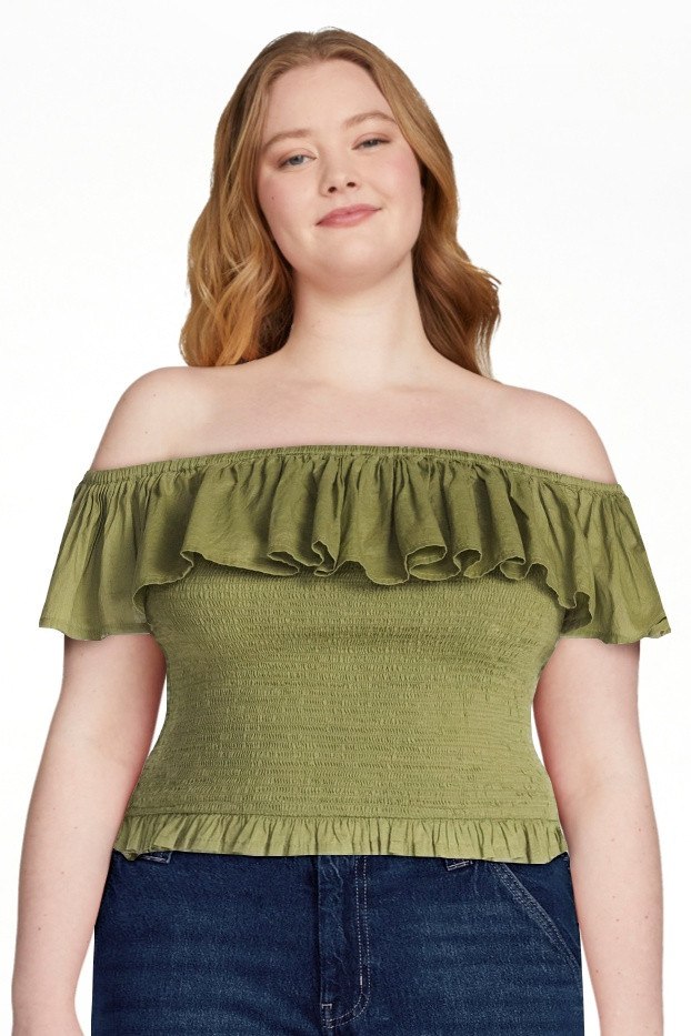 Scoop Women\u2019s and Women\u2019s Plus Off-the-Shoulder Smocked Ruffle Cotton Top, Sizes XS-4X | Walmart (US)