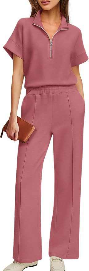 ReachMe Womens 2 Piece Lounge Set Airport Travel Outfit Short Sleeve Half Zip Wide Leg Pants Summ... | Amazon (US)