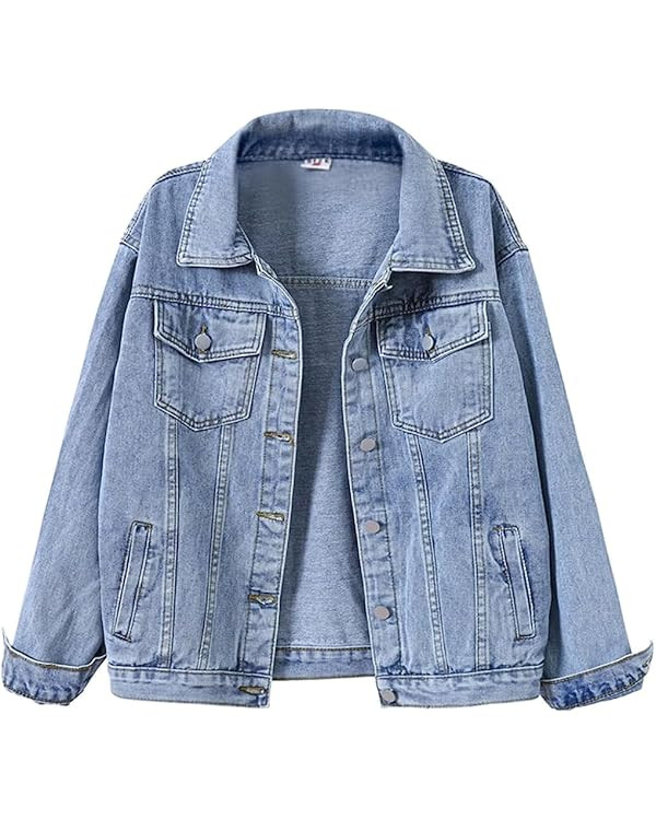 loveimgs Women's Classic Collared Button Down Distressed Oversize Boyfriend Unlined Denim Trucker... | Amazon (US)