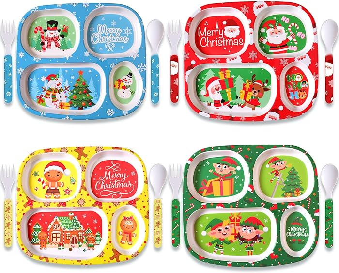 Jinei 4 Set Christmas Divided Dinnerware Set with Fork and Spoon Santa Gingerbread Man Xmas Dinne... | Amazon (US)