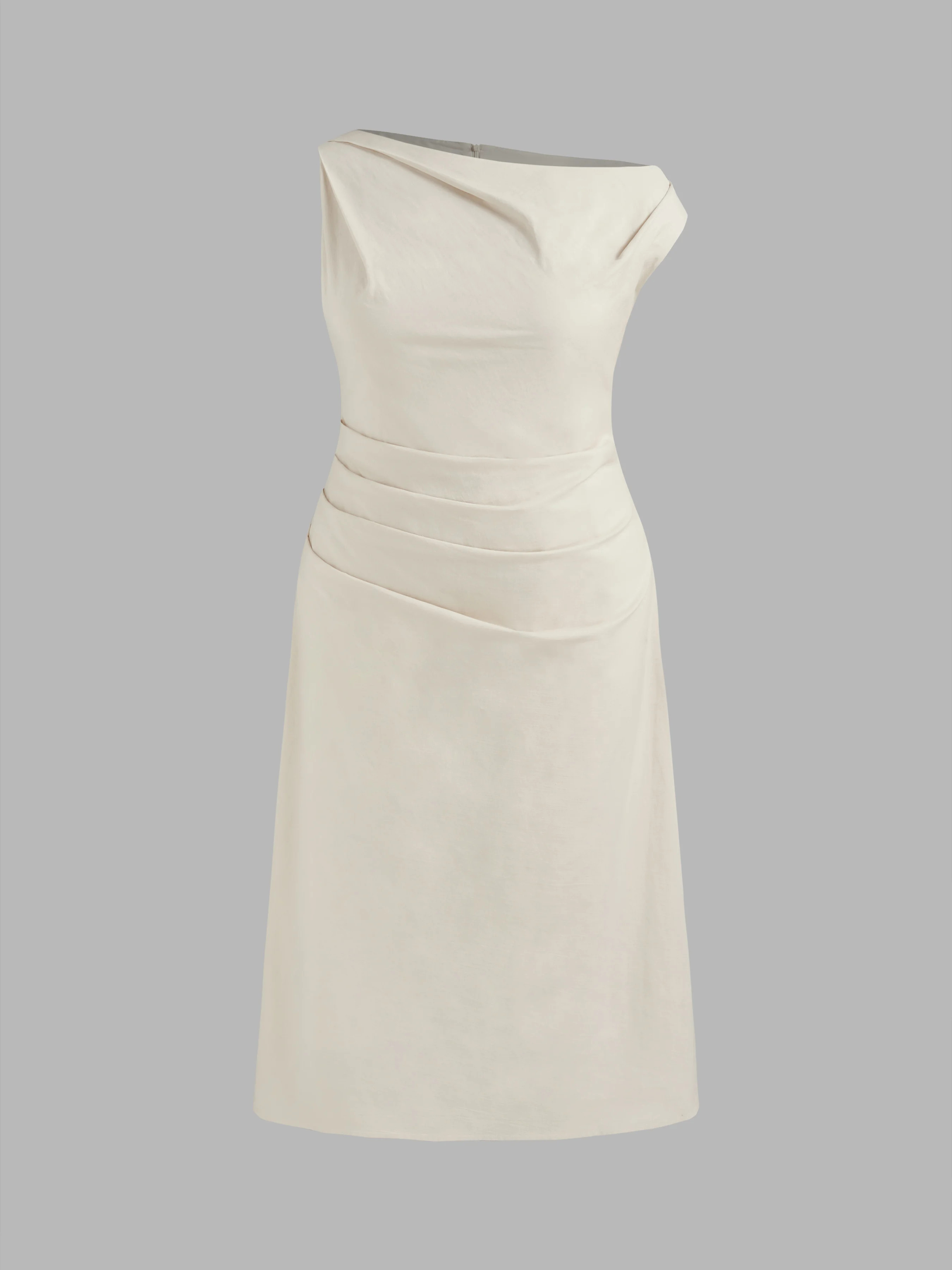 Woven Cotton-blend Asymmetrical Neck Solid Ruched Maxi Dress Curve & Plus For Daily Casual Coffee... | Cider