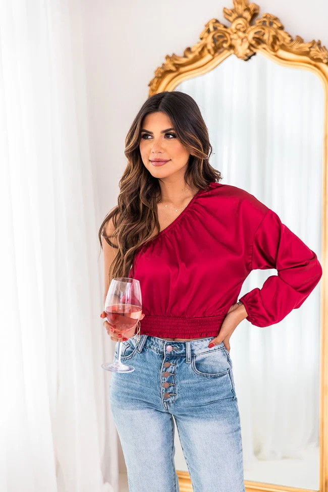On This Journey Wine One Shoulder Satin Blouse FINAL SALE | The Pink Lily Boutique