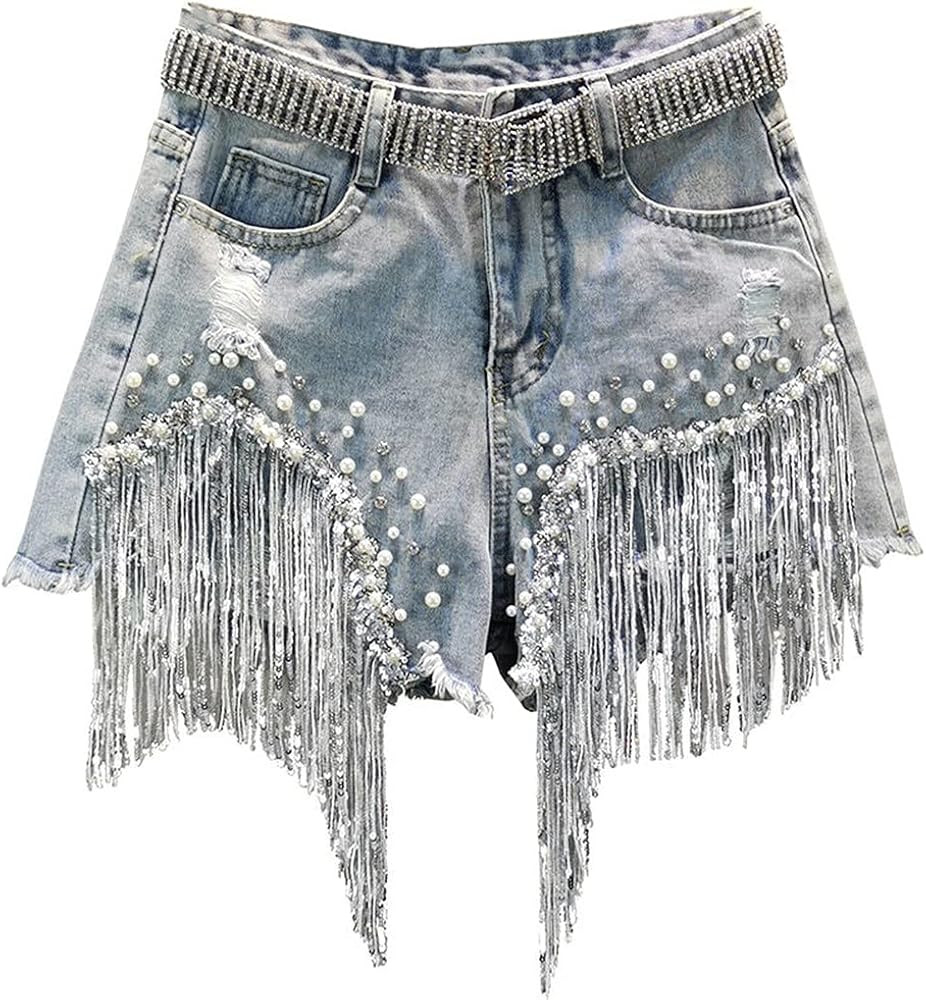 Female Denim Shorts Slimming Heavy Beaded Sequin Shorts Rhinestone Fringe Short Rhinestone Denim | Amazon (US)