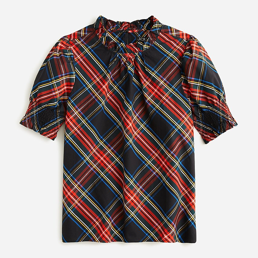 Smocked puff-sleeve cotton poplin top in Stewart tartan | J. Crew US