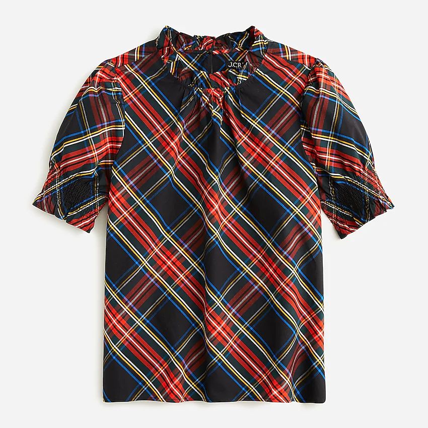 Smocked puff-sleeve cotton poplin top in Stewart tartan | J.Crew US