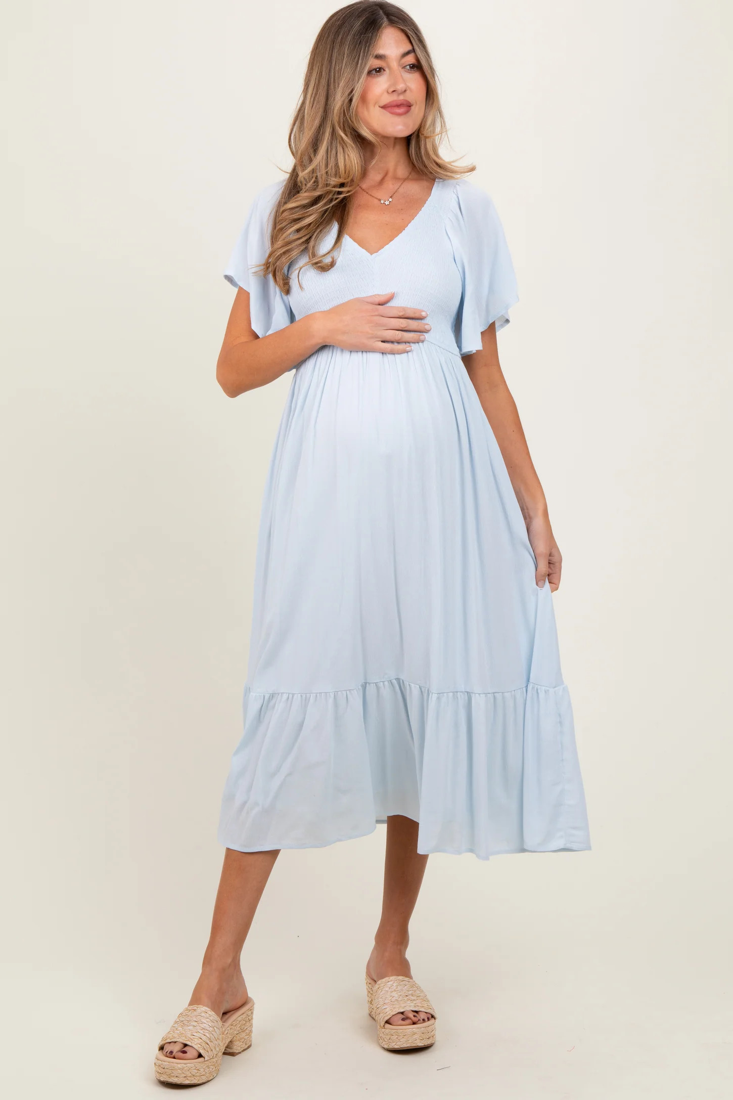 Light Blue Smocked Ruffle Maternity Dress | PinkBlush Maternity