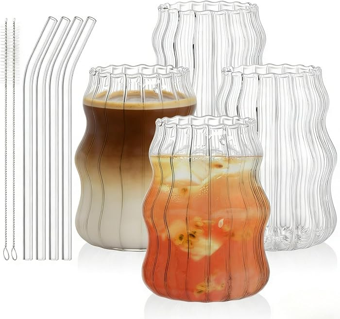 Tebery 4 Pack Cute Drinking Glasses, 16 Oz Ribbed Iced Coffee Cup Tumbler with Straws, Aesthetic ... | Amazon (US)