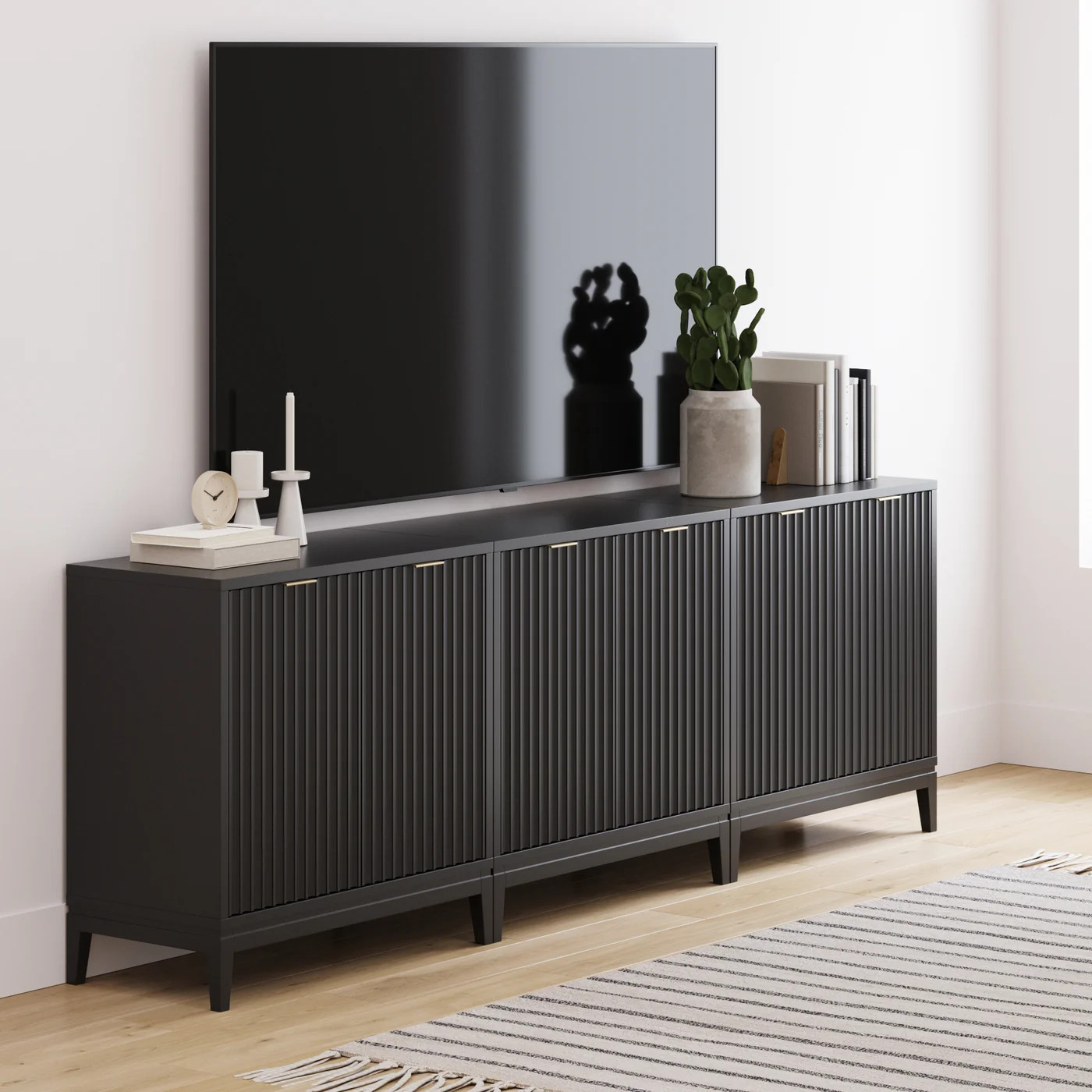 Mid-Century Fluted TV Console Credenza Black (Set of 3) | Nathan James