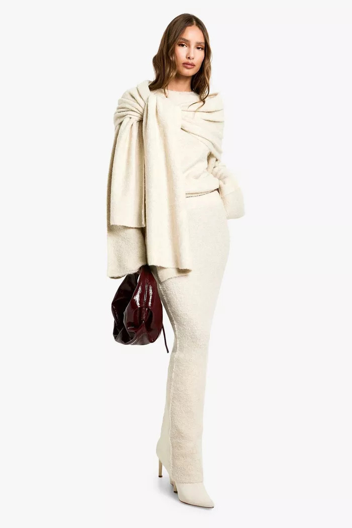 Borg Knit Oversized Jumper, Maxi Skirt And Scarf Three Piece Set | boohoo (US & Canada)