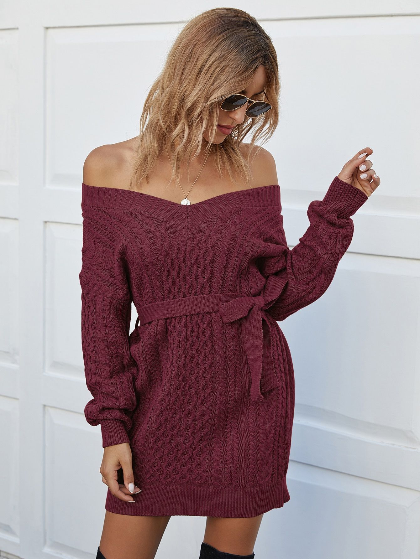 Cable Knit Belted Sweater Dress | SHEIN