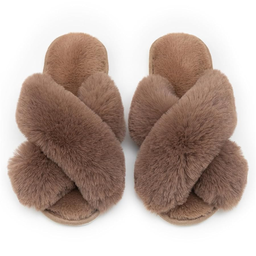 Women's Cross Band Fuzzy Slippers Fluffy Open Toe House Slippers | Amazon (US)