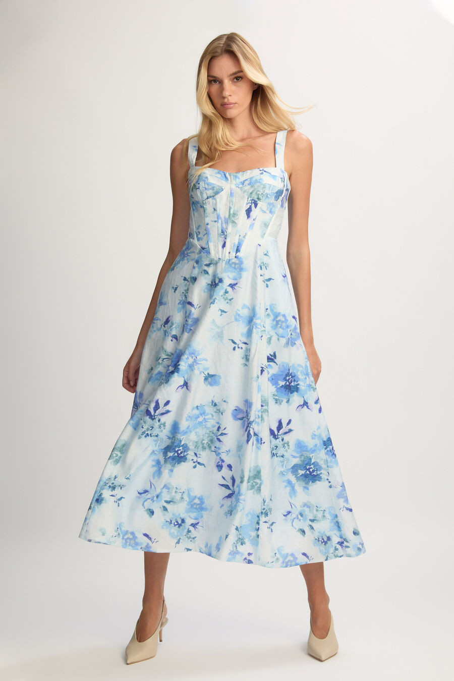 lilah corset midi dress in baby bl fl | Bardot (US)